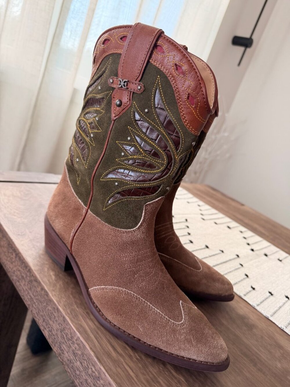 Sam Edelman Rylin Western Cowboy Boots – Terra Toffee/Olive – Size 8
